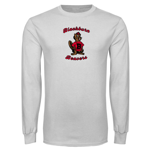  White Long Sleeve T Shirt - Blackburn Beavers Script with Barney