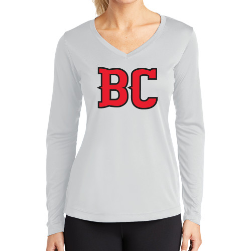  Womens White Performance Long Sleeve V Neck Shirt - BC