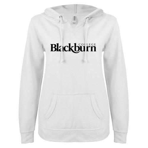  ENZA Womens White V Notch Raw Edge Fleece Hoodie - Blackburn College