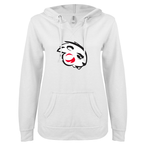  ENZA Womens White V Notch Raw Edge Fleece Hoodie - Buzz