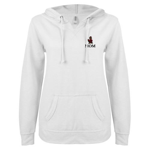  ENZA Womens White V Notch Raw Edge Fleece Hoodie - Mom with Barney