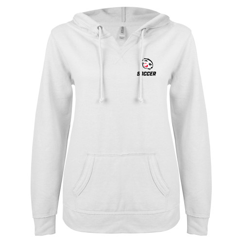  ENZA Womens White V Notch Raw Edge Fleece Hoodie - Soccer