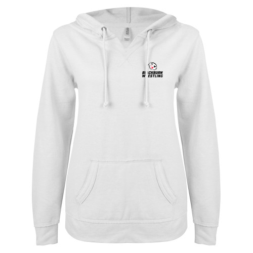  ENZA Womens White V Notch Raw Edge Fleece Hoodie - Blackburn Wrestling