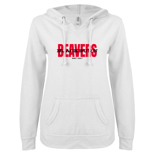  ENZA Womens White V Notch Raw Edge Fleece Hoodie - Beavers with Blackburn Overlay