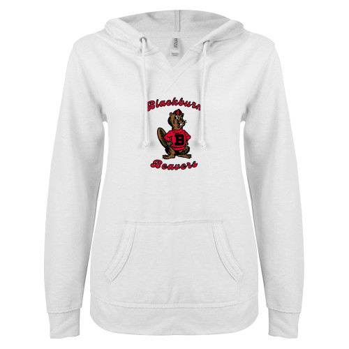  ENZA Womens White V Notch Raw Edge Fleece Hoodie - Blackburn Beavers Script with Barney