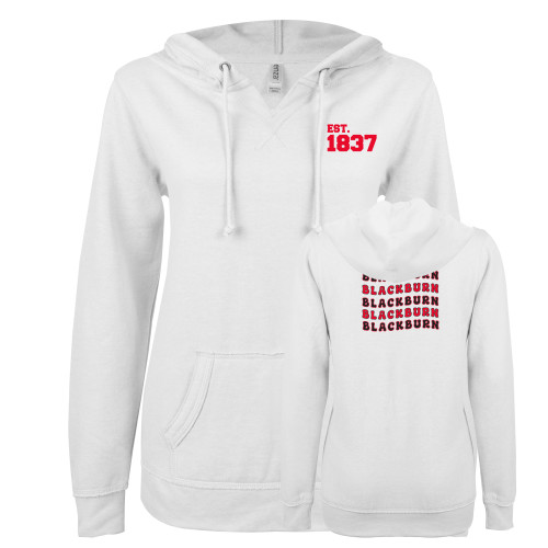  ENZA Womens White V Notch Raw Edge Fleece Hoodie - Blackburn Vintage Wave