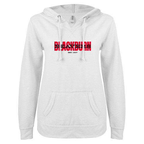  ENZA Womens White V Notch Raw Edge Fleece Hoodie - Blackburn with Beavers Overlay