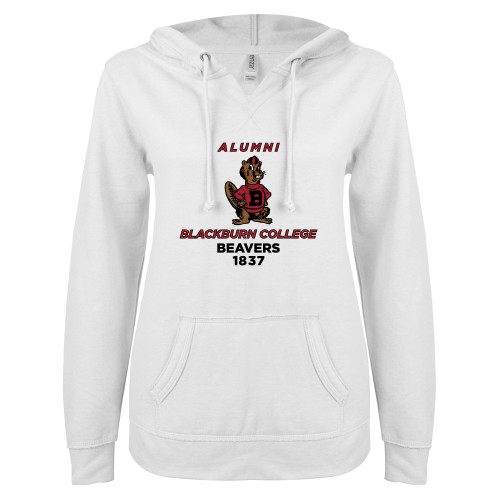  ENZA Womens White V Notch Raw Edge Fleece Hoodie - Blackburn College Beavers Alumni with Mascot