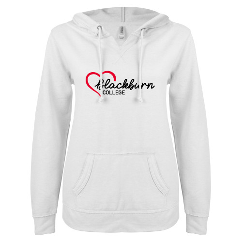  ENZA Womens White V Notch Raw Edge Fleece Hoodie - Blackburn College with Heart