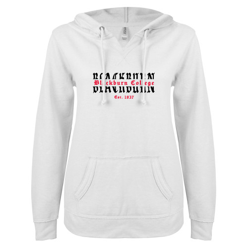  ENZA Womens White V Notch Raw Edge Fleece Hoodie - Blackburn College Old English