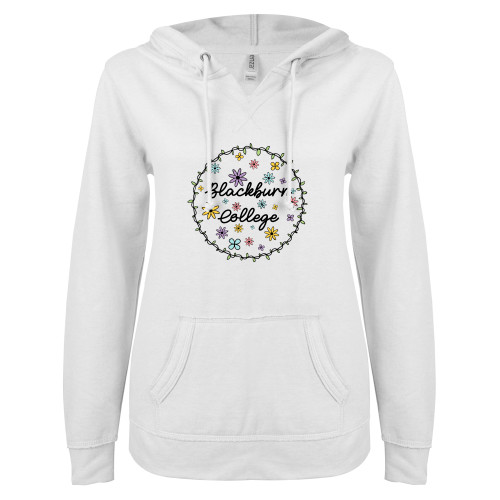  ENZA Womens White V Notch Raw Edge Fleece Hoodie - Blackburn College Spring Flowers