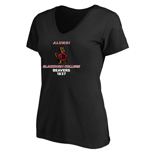  Womens Plus Black V Neck T Shirt - Blackburn College Beavers Alumni with Mascot