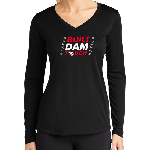  Womens Black Performance Long Sleeve V Neck Shirt - Built Dam Tough