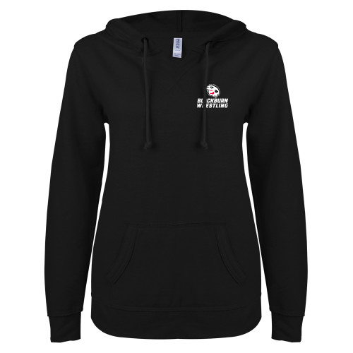  ENZA Womens Black V Notch Raw Edge Fleece Hoodie - Blackburn Wrestling