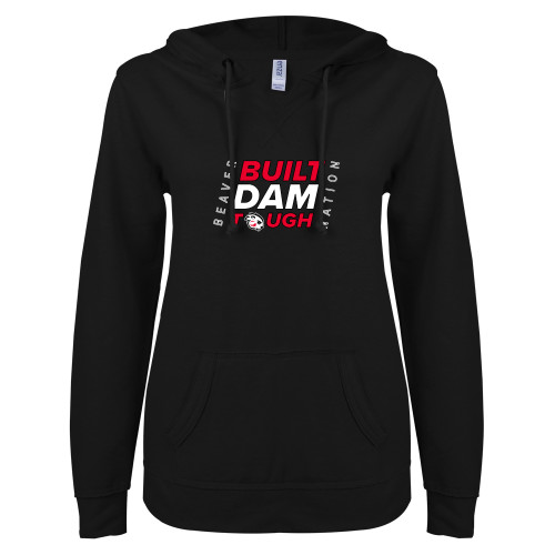  ENZA Womens Black V Notch Raw Edge Fleece Hoodie - Built Dam Tough