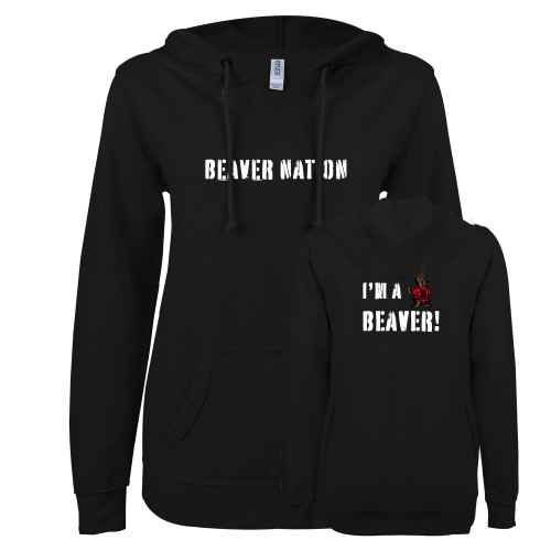  ENZA Womens Black V Notch Raw Edge Fleece Hoodie - Beaver Nation Stencil