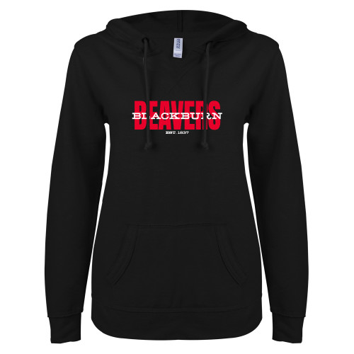  ENZA Womens Black V Notch Raw Edge Fleece Hoodie - Beavers with Blackburn Overlay