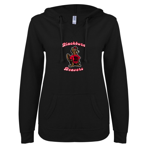  ENZA Womens Black V Notch Raw Edge Fleece Hoodie - Blackburn Beavers Script with Barney