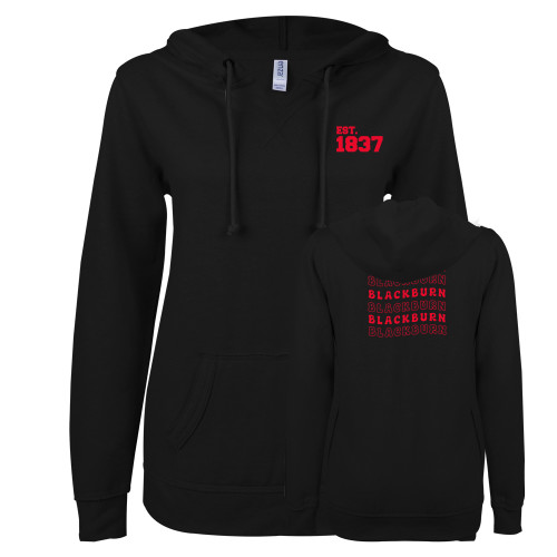  ENZA Womens Black V Notch Raw Edge Fleece Hoodie - Blackburn Vintage Wave