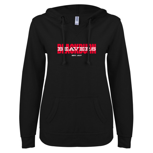  ENZA Womens Black V Notch Raw Edge Fleece Hoodie - Blackburn with Beavers Overlay