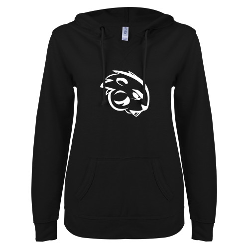  ENZA Womens Black V Notch Raw Edge Fleece Hoodie - Buzz