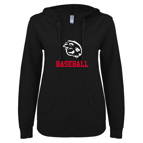  ENZA Womens Black V Notch Raw Edge Fleece Hoodie - Baseball
