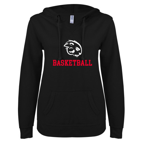  ENZA Womens Black V Notch Raw Edge Fleece Hoodie - Basketball