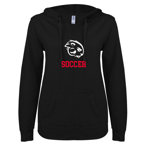  ENZA Womens Black V Notch Raw Edge Fleece Hoodie - Soccer
