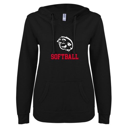  ENZA Womens Black V Notch Raw Edge Fleece Hoodie - Softball