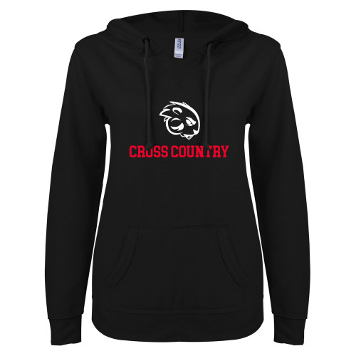  ENZA Womens Black V Notch Raw Edge Fleece Hoodie - Cross Country