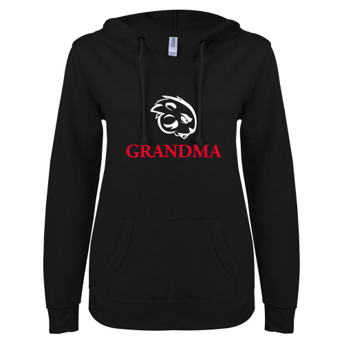  ENZA Womens Black V Notch Raw Edge Fleece Hoodie - Grandma with Buzz