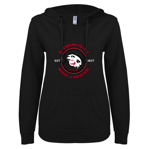  ENZA Womens Black V Notch Raw Edge Fleece Hoodie - Alumni Seal - Blackburn College