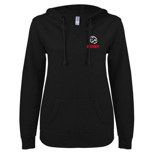  ENZA Womens Black V Notch Raw Edge Fleece Hoodie - Soccer