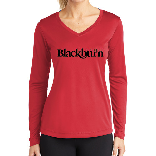  Womens Red Performance Long Sleeve V Neck Shirt - Blackburn College