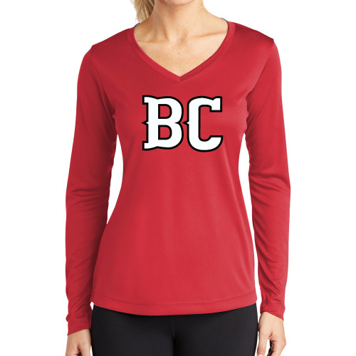  Womens Red Performance Long Sleeve V Neck Shirt - BC