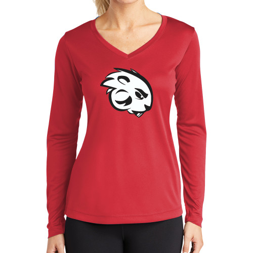  Womens Red Performance Long Sleeve V Neck Shirt - Buzz