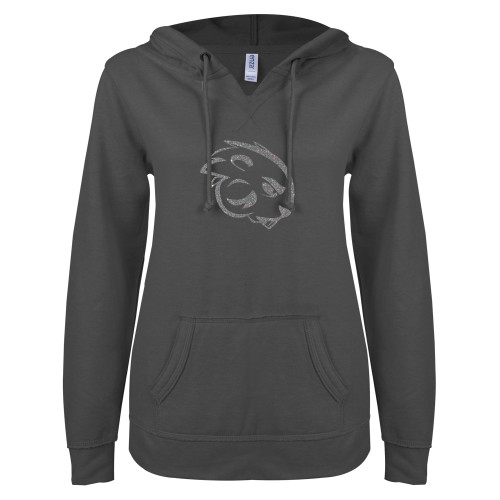  ENZA Womens Dark Heather V Notch Raw Edge Fleece Hoodie - A Silver Soft Glitter
