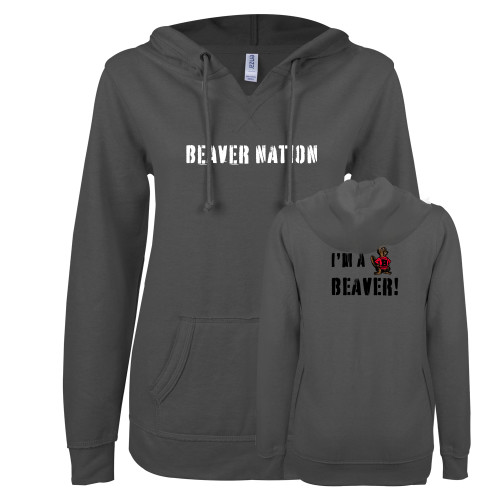  ENZA Womens Dark Heather V Notch Raw Edge Fleece Hoodie - Beaver Nation Stencil