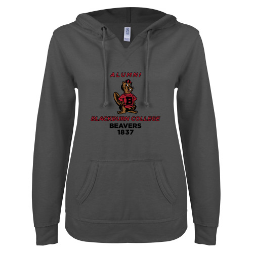  ENZA Womens Dark Heather V Notch Raw Edge Fleece Hoodie - Blackburn College Beavers Alumni with Mascot