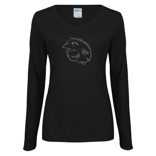  Womens Black Long Sleeve V Neck Tee  - F Graphite Soft Glitter