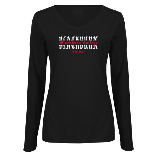  Womens Black Long Sleeve V Neck Tee  - Blackburn College Old English