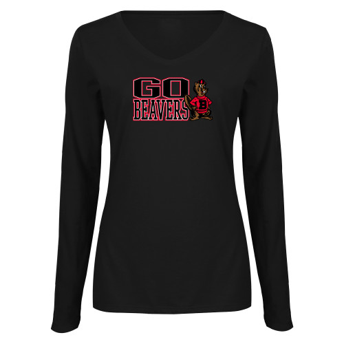  Womens Black Long Sleeve V Neck Tee  - Go Beavers