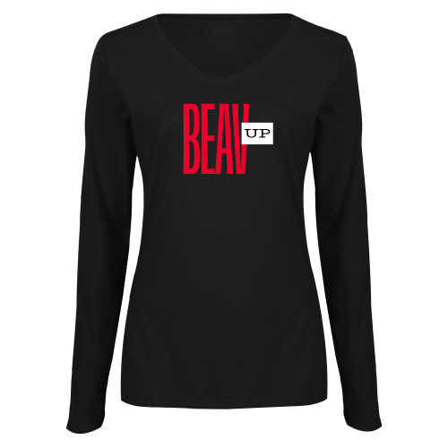  Womens Black Long Sleeve V Neck Tee  - Beav Up