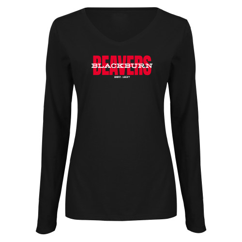  Womens Black Long Sleeve V Neck Tee  - Beavers with Blackburn Overlay