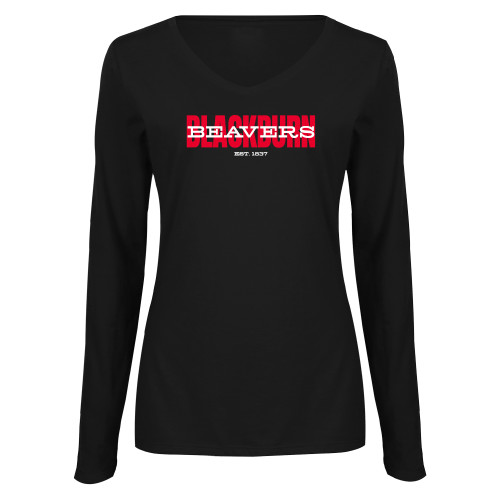  Womens Black Long Sleeve V Neck Tee  - Blackburn with Beavers Overlay