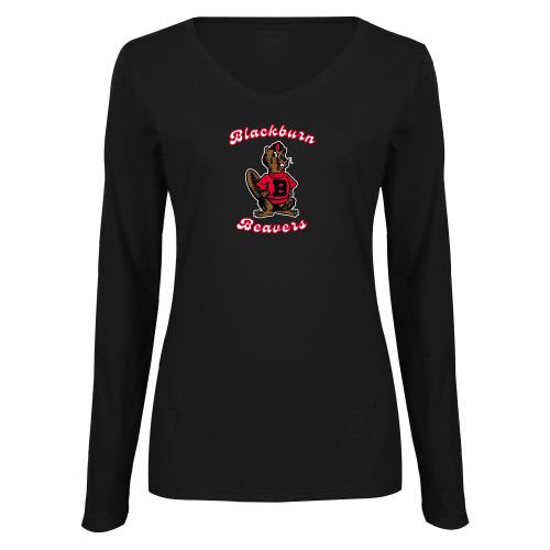  Womens Black Long Sleeve V Neck Tee  - Blackburn Beavers Script with Barney