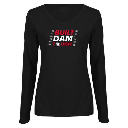  Womens Black Long Sleeve V Neck Tee  - Built Dam Tough