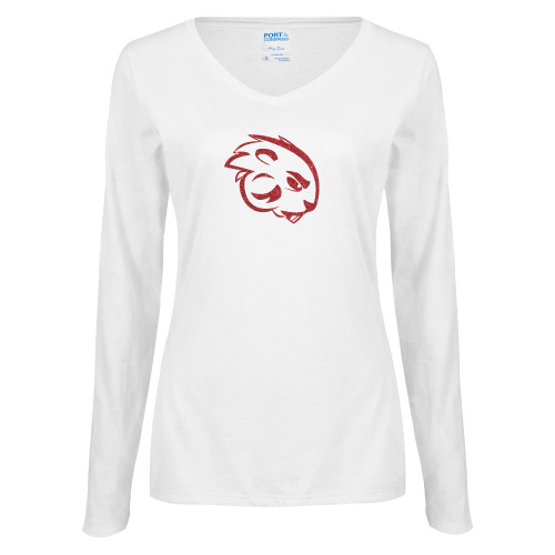  Womens White Long Sleeve V Neck Tee - N Red Glitter