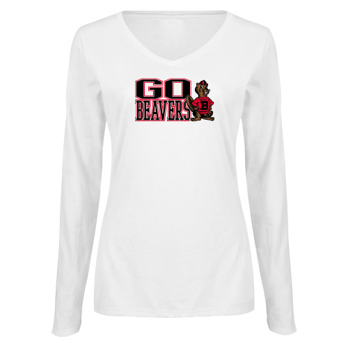  Womens White Long Sleeve V Neck Tee  - Go Beavers