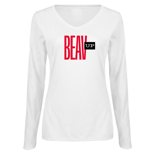  Womens White Long Sleeve V Neck Tee  - Beav Up